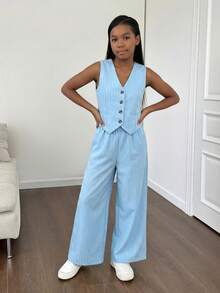 Firerie Kids Firerie Kids Nova Glow Tween Girls Casual Street-Chic Fashion Commuting&School Style Woven Striped Wide-Leg Straight Pants - Baby Blue - View 3