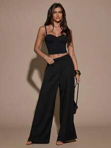 SHEIN BAE Women's Sexy Black Tight Fitting Bra Top Paired With Fashionable Tight Fitting Bodysuit, Suitable For Dates, Nightclubs, Outings, New Year's Tops, Tight Fitting Bodysuits, Carnival Parties, Black Tops, Women's Summer Camisoles, Sexy Tops - Black - View 6