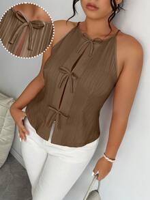 Elenzga Áo tank top mùa hè cỡ lớn, kiểu dáng thường ngày, chất liệu vải, có nơ trang trí - Màu nâu Sô-cô-la - Xem 1