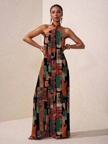 Zivah 2025 Sommar Ny Musik Festival Påsk Mors dag Bröllopssäsong Delta i bröllop Födelsedagsfest Dagligen Casual Semester Kryssning Resa Strand Solbad Viral Elegant Casual Halterneck Rygglös Twist Lösa Vida Benbyxor, Röd - Jumpsuit - Multifärgad - Visa 5