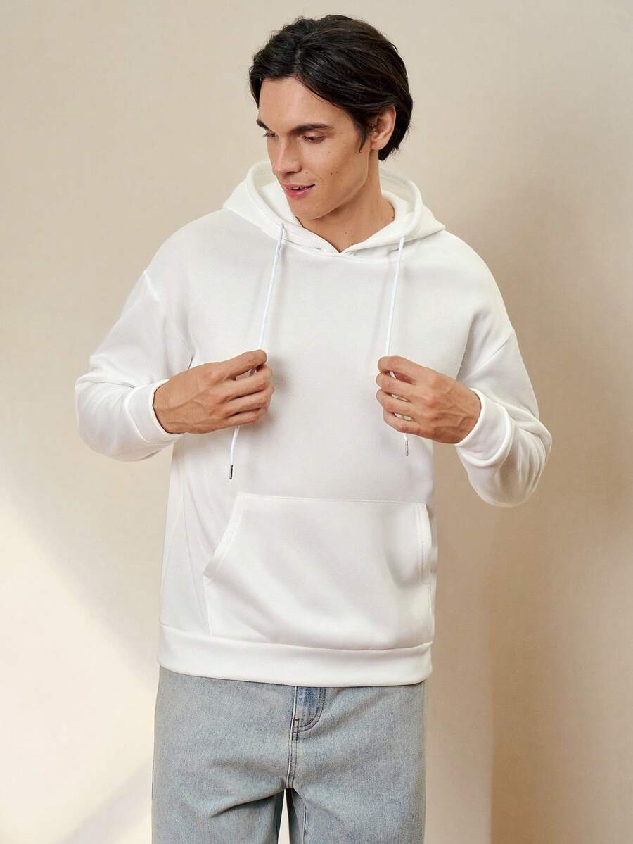 RONVEXI 男士纯色落肩长袖休闲连帽衫，秋季款 - 白色 - 查看 1