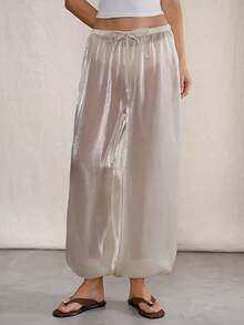 SHEIN ICON Women's Solid Color Sheer Twist Front Wide Leg Pants, Sexy & Fashionable - Beige - View 3