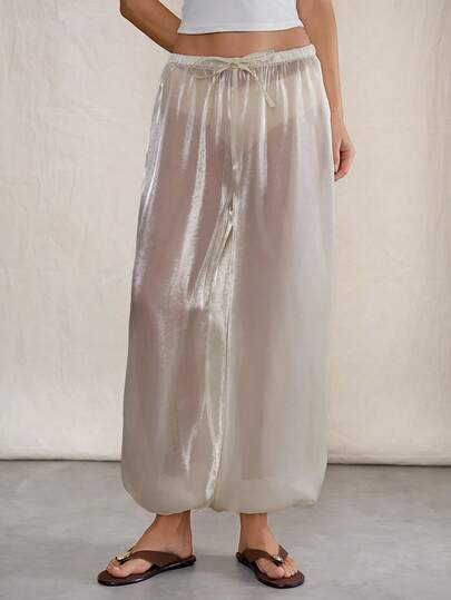 SHEIN ICON 女士纯色透视扭结前片阔腿裤，性感时尚