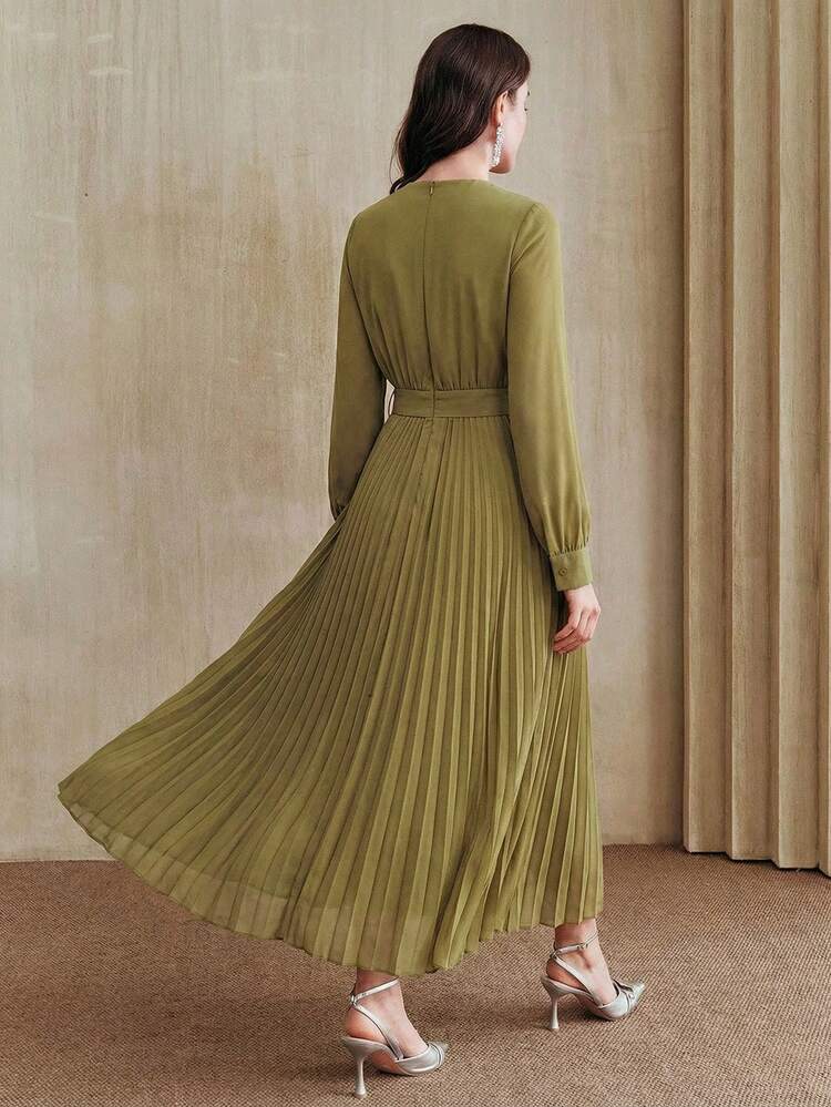 Women's Autumn/Winter Fashion Pleated Dress, V-Neck Ruched Floral Long Sleeve Casual Cocktail Party Business Dress