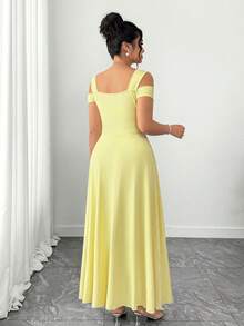 Elenzga 女士优雅浪漫分体网纱刺绣拼接连衣裙 - 黃色 - 查看 2