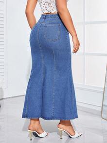 SHEIN Elenzya Plus Size Casual Everyday Washed Denim Fish Tail Hem Skirt - Medium Wash - View 2