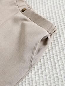 SHEIN 2pcs Young Boy Gentleman Outfit, Cute Khaki Elastic Waist Pants And Short Sleeve Shirt With Bow Tie, Spring/Summer - Khaki - View 8