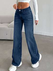 SHEIN Women's Casual Everyday Washed Slant Pocket Loose Fit Jeans - Royal Blue - View 5