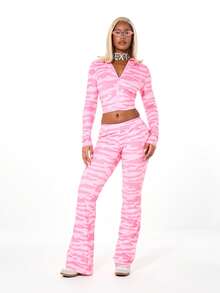 SUMWON WOMEN Pink Camouflage Print High Waisted Flare Leg Casual Pants For Women Spring Summer Streetwear Fashion - Pink - View 5