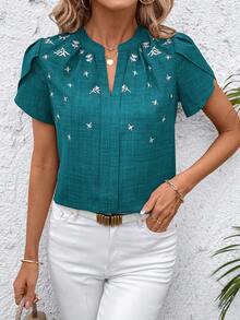 SHEIN Clasi Women's Casual Floral Embroidery Notched Neck Ruffle Sleeve Blouse, Summer - Teal Blue - View 3