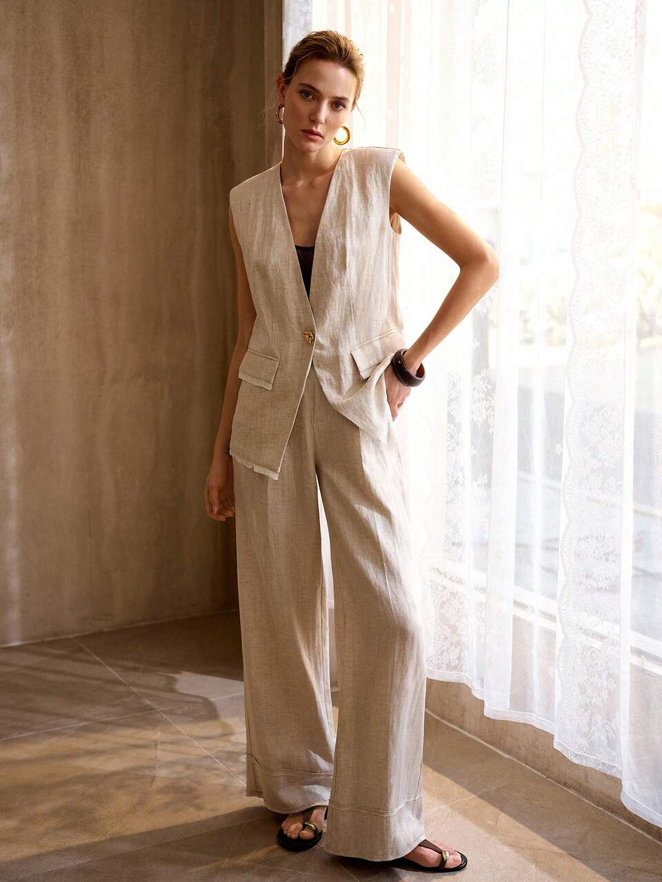 MOTF LINEN WIDE LEG PANTS WITH FRAYED HEM, VINTAGE STYLE, SPRING/SUMMER