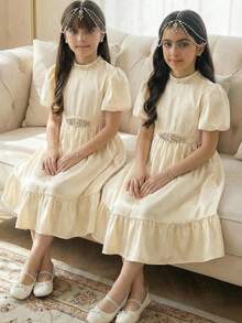 SHEIN Tween Girl Spring/Summer Elegant Glamorous Rhinestone & Beaded Trim Bubble Short Sleeve Dress, Apricot Solid Color Woven Dress, Tween Girl - Apricot - View 4