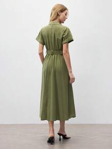 BizChic Women's Solid Color Button Front Slant Pocket Short Sleeve Dress, Urban Commute Business Casual Elegant Formal Party Dress For Halloween, Christmas, Gatherings - Army Green - View 8