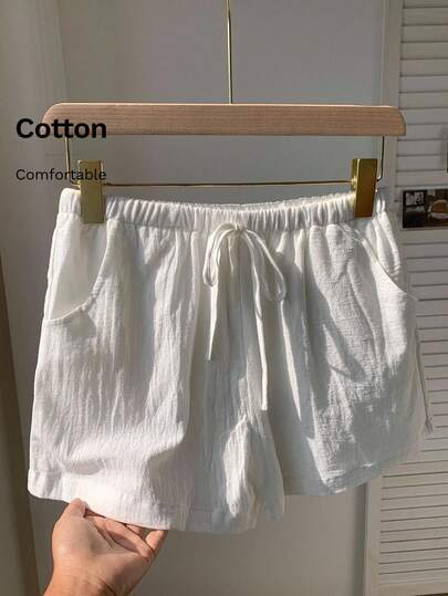 Comfortcana Women's Solid Color Waist Tie Pocket Wide Leg Loose Casual Shorts