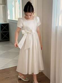 DAZY Tween Girls Square Collar Puff Sleeve Dress - White - View 1