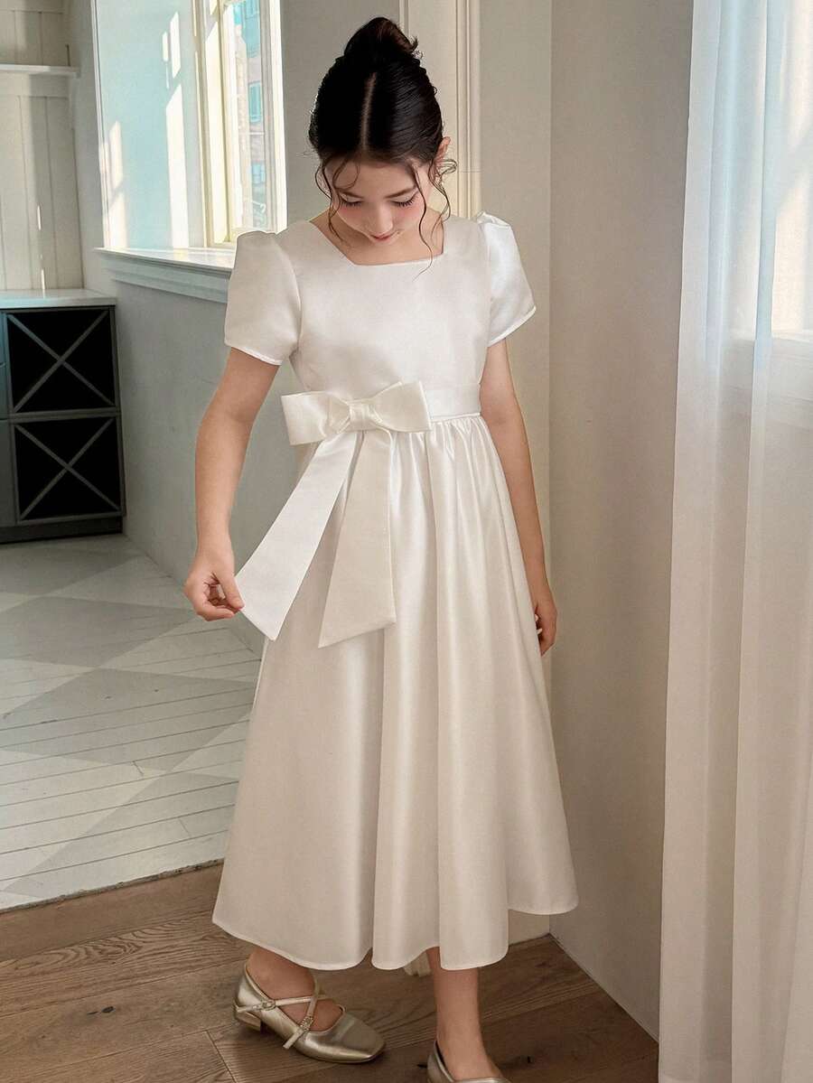 DAZY Tween Girls Square Collar Puff Sleeve Dress - White - View 1