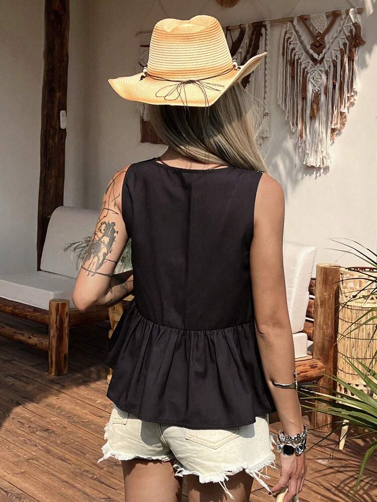 Contrast Color Print V-Neck Sleeveless Fitted Casual Vacation Summer Top For Women