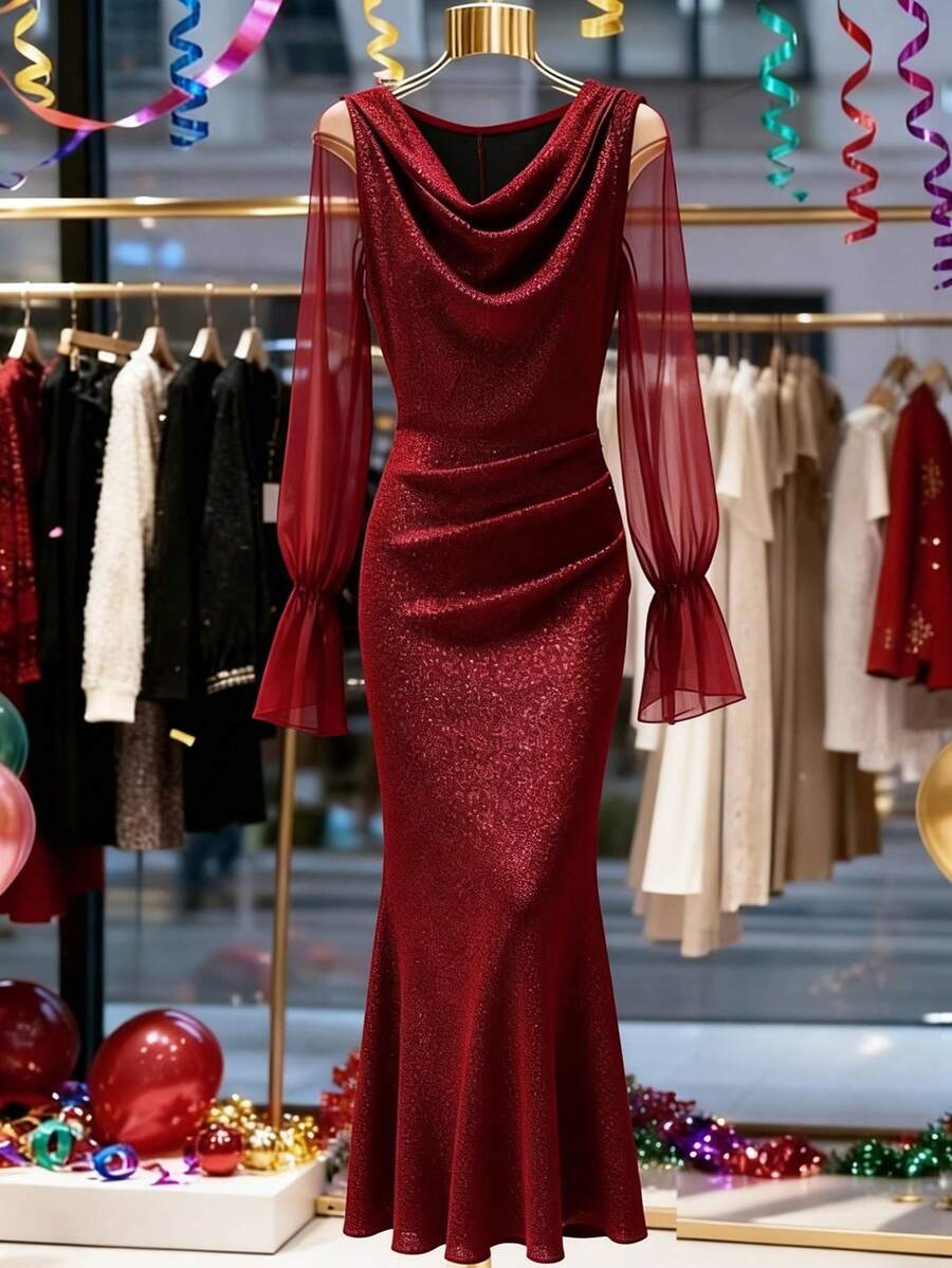 Franclia 2026春夏新款酒红色亮片高领雪纺灯笼袖修身连衣裙，奢华复古优雅性感飘逸褶皱领口和腰部设计，喇叭形雪纺灯笼袖，及踝紧身连衣裙，适合女性 - 紅色 - 查看 1