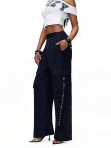 TypaGal Women's Y2K Navy Blue Autumn Punk Bar Party Summer Black Chic Pocket Rivet Decoration Loose Fit Printed Pants Elastic Waist Beach Vacation - Black - View 3