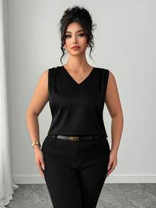 Elenzga Áo kiểu nữ cỡ lớn cổ chữ V không tay, kiểu dáng thường ngày. - màu đen - Xem 3