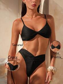 Swim Chiccia Women's Solid Color Sexy Minimalist Fashion Textured Fabric Bikini Set, Spring/Summer - Black - View 4