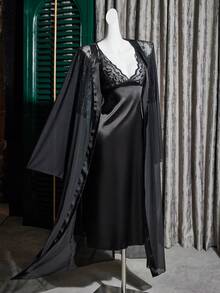 SilkySpell 女士性感蕾丝拼接缎面吊带长裙及网纱睡袍黑色优雅睡衣套装 - 黑色 - 查看 7