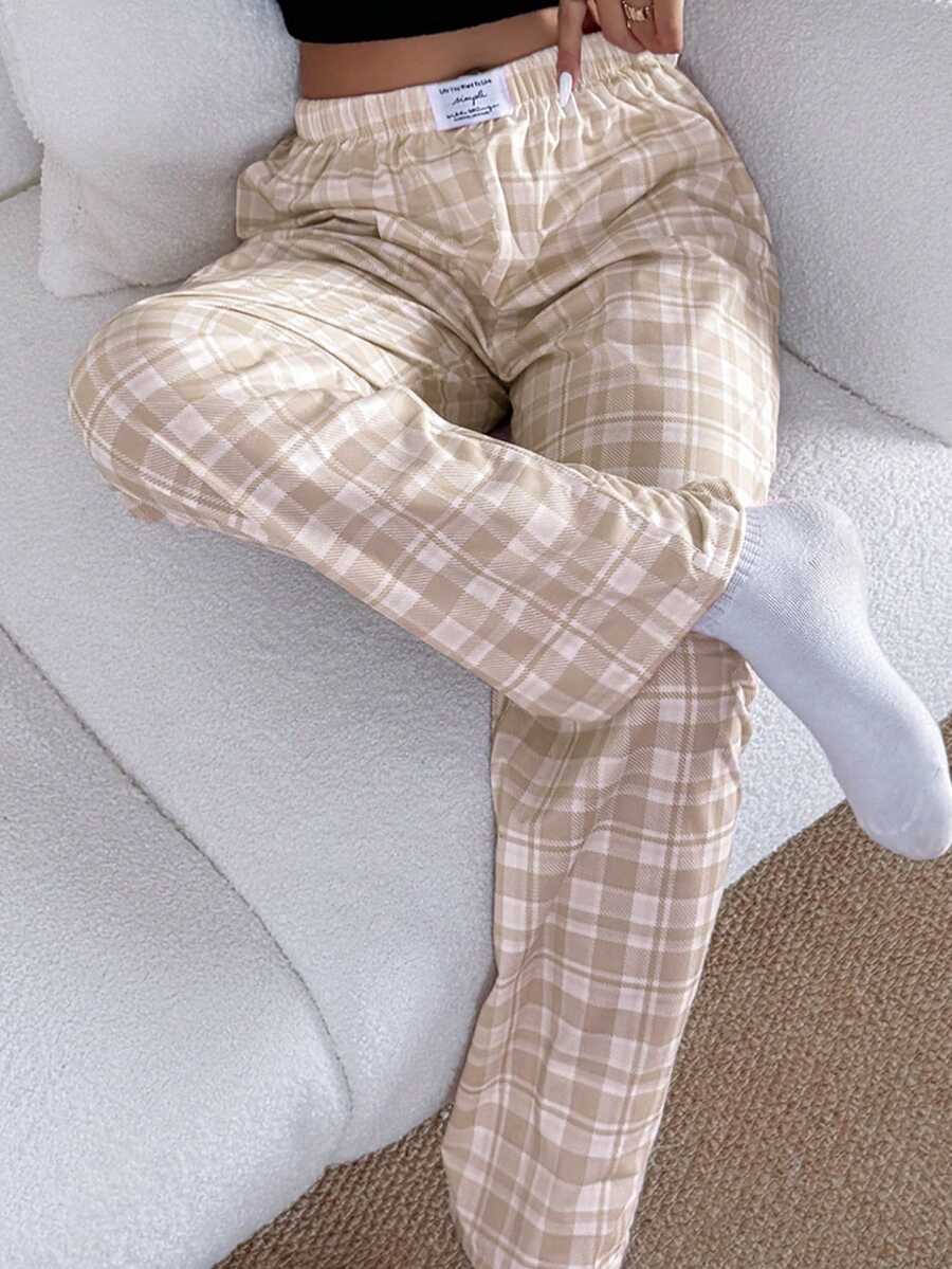 Dream Adore Pantalones de pijama rectos de cintura elástica con estampado de cuadros rosas para mujer - Caqui - Ver 1