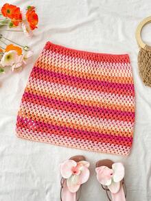 Teen Girls Red Ombre Rainbow Stripe Crochet Knitted Mini Skirt, Bohemian Snug Fit Skirt For Holiday, Summer, Beach, Music Festivals & Weddings - Multicolor - View 1
