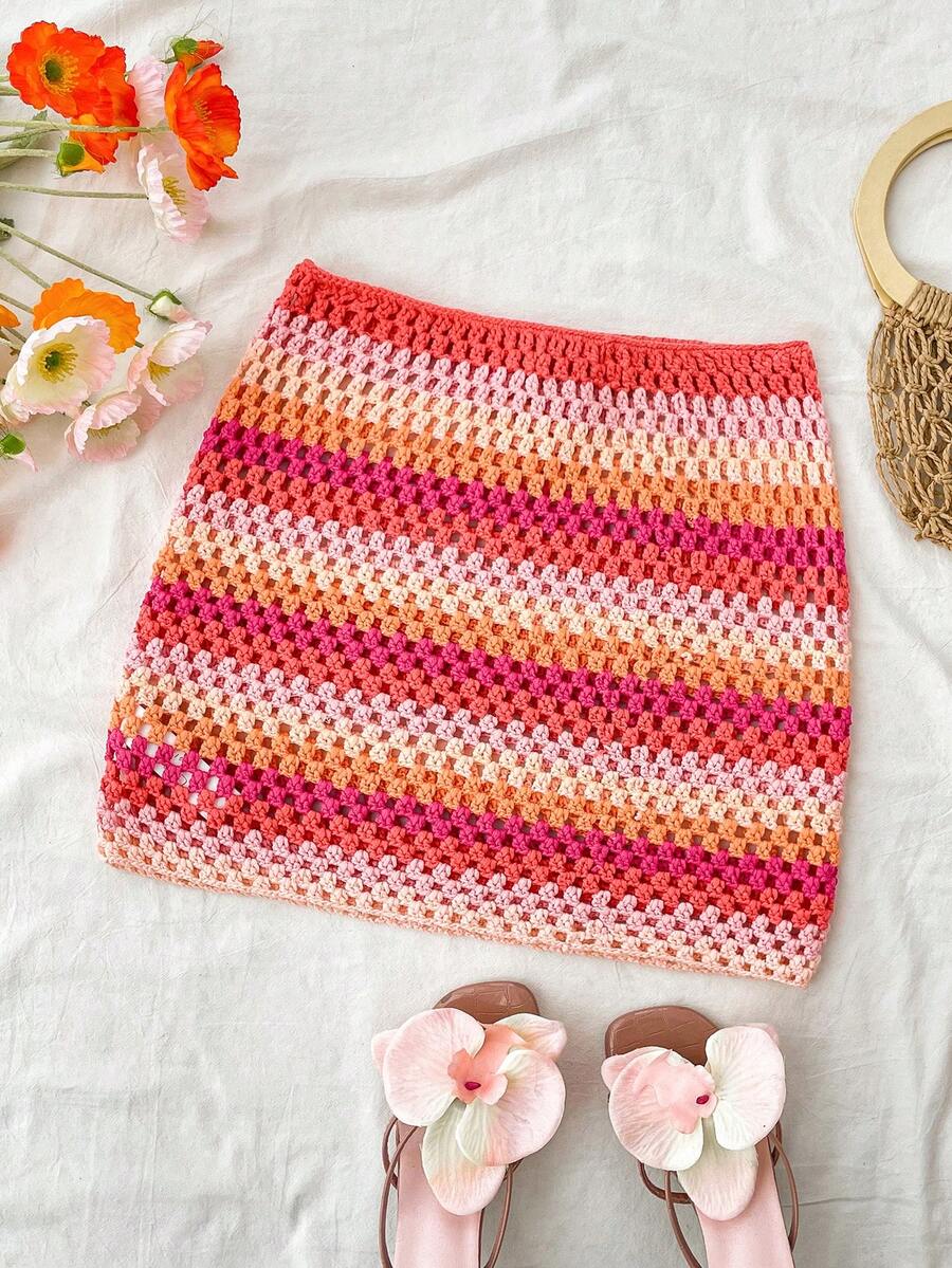 Teen Girls Red Ombre Rainbow Stripe Crochet Knitted Mini Skirt, Bohemian Snug Fit Skirt For Holiday, Summer, Beach, Music Festivals & Weddings - Multicolor - View 1