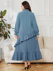 Lacomfia Gaun Ukuran Besar Elegan dengan Kerah Tinggi dan Aplikasi - Dusty Blue - View 2