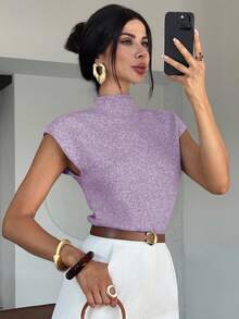 Firerie 优雅高领宽松休闲百搭无袖针织背心，适合外出穿着，秋冬季校园上衣 - 淡紫色 - 查看 7