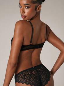 SHEIN BAE 2pcs/Set Lace-Trim Underwired Sexy Bra & Panty Lingerie Set For Women - Black - View 2