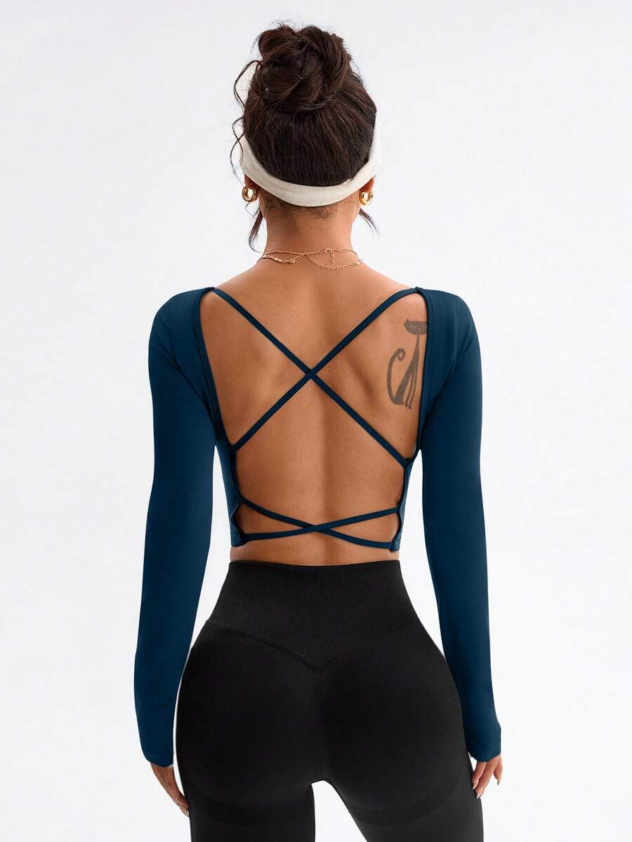 Dewbera 女士时尚优雅性感露背交叉U领短款修身运动长袖T恤，春秋季露背健身上衣性感上衣健身上衣女士交叉长袖运动上衣露背运动上衣露背瑜伽衫露背运动上衣露背长袖女士瑜伽衫露背露背露背长袖上衣露背运动衫健身上衣露背运动露背上衣女士运动服露背运动上衣露背健身上衣 - 藏蓝色 - 查看 1