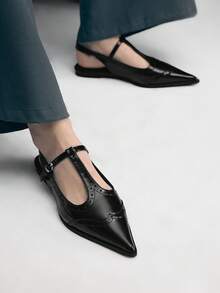 Mnmlis Black Patent Leather Brogues T-Strap Pointed Toe Stiletto Heel Sandals, French Retro Hollow Carved Closed Toe Backless Sandals, High-End Design Genuine Leather Metal Buckle Strap Women Shoes, Niche Luxury Commuter Versatile Dark Style Sandals Valentine's Day - Black - View 10