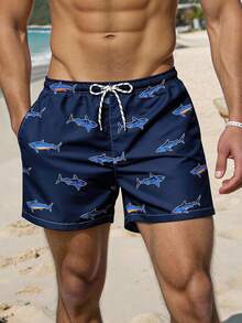 Manfinity VDAYZ Men's Drawstring Waist Fashionable Shark Print Summer Shorts, Beach Pants - Black - View 1