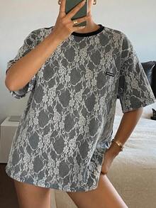 DAZY Women's Casual Contrast Lace Round Neck Short Sleeve T-Shirt, Summer - Black - View 4