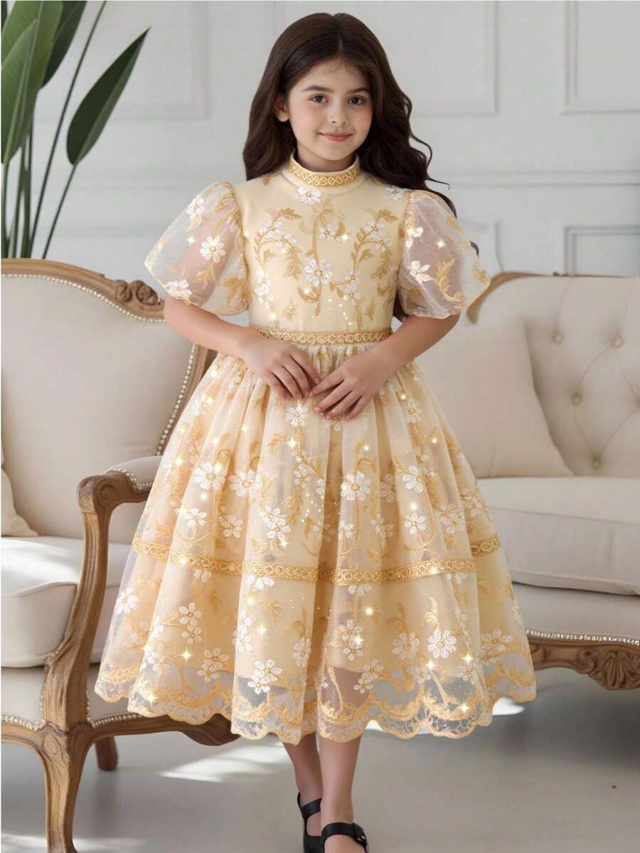 SHEIN ChillGRL 1件少女优雅奢华金色刺绣网纱A字公主裙,适合派对、聚会、生日、春夏穿着 - 杏色 - 查看 1