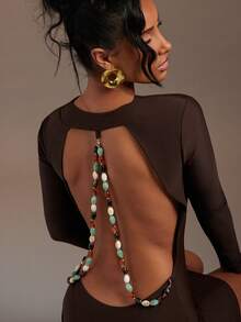 Hauture Brown Plunging Cowl Neck Long Sleeve Open Back With Bead Trim Short Dress - Brown - View 6