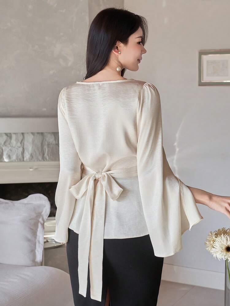 Women's Elegant Solid Color Drape Collar Blouse, Spring/Summer
