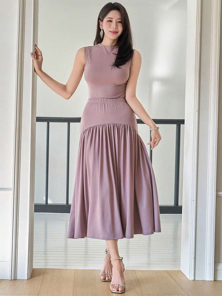 Women's Elegant Solid Color Mandarin Collar Camisole And Pleated Skirt 2-Piece Set, Summer
