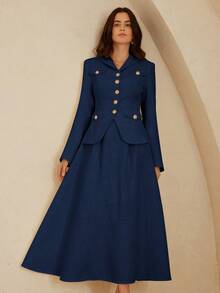 Aveloria Rosie 斜纹软呢面料优雅时尚修身女式外套，带纽扣口袋；斜纹软呢喇叭简约风女式半身裙，两件套 - 藏蓝色 - 查看 6