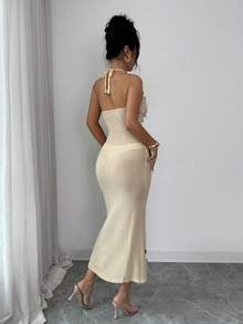 Islaluna Women's Summer Vacation Halter Backless Sequin Knit Sweater Dress - Apricot - View 2