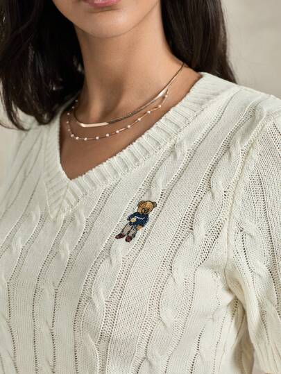 Briarwyn Women's Casual Knit Top With Cartoon Bear Embroidery & Twist Cable V-Neck Short Sleeve