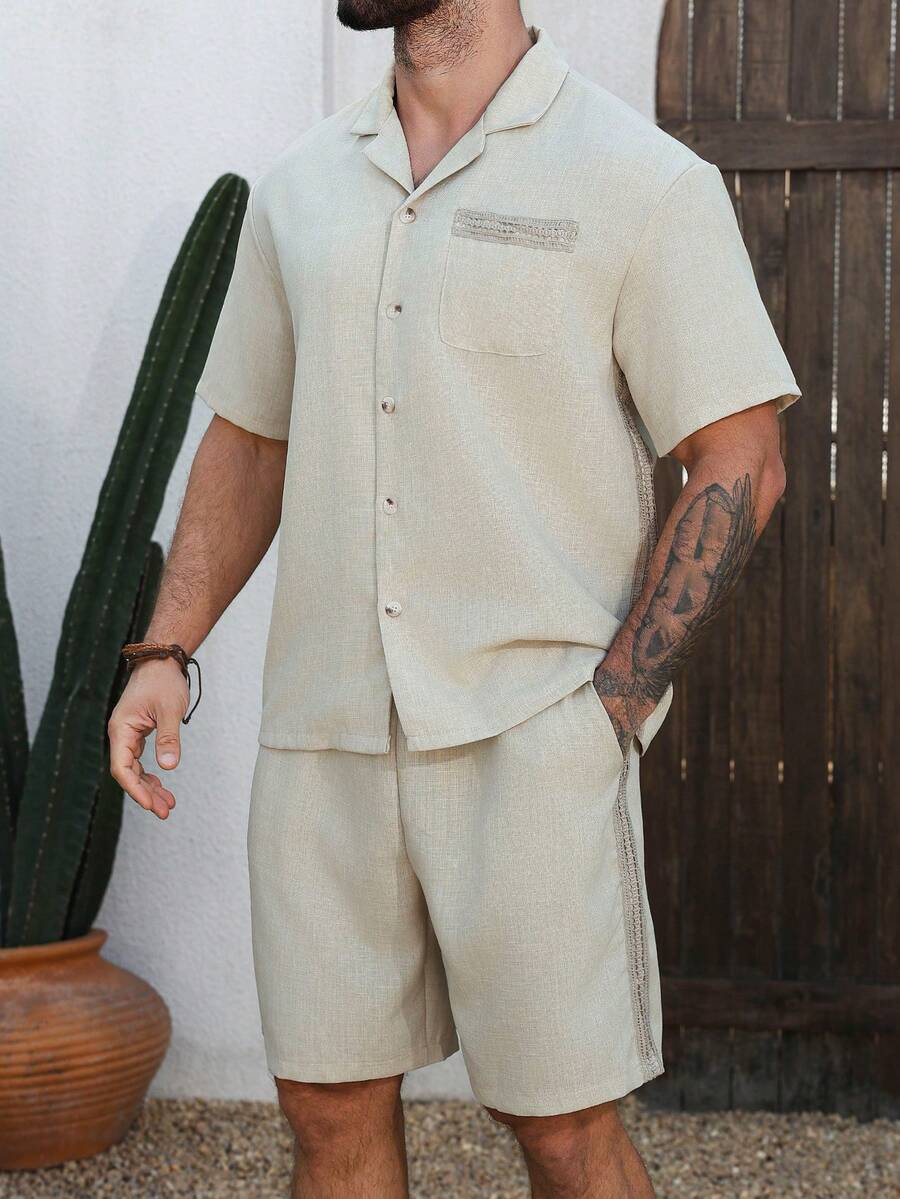 VENTUSAIL Men's Beige Summer Casual Beach Holiday Colorful Webbing Front Button Short Sleeve Shirt And Slant Pocket Shorts Set Resort Outfit Vacation 2pcs Set - Khaki - View 1