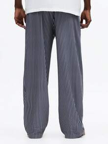 SUMWON 男士宽松阔腿条纹休闲裤，抽绳腰带，松紧裤脚，睡衣风格，夏季舒适家居服长裤 - 灰色 - 查看 2