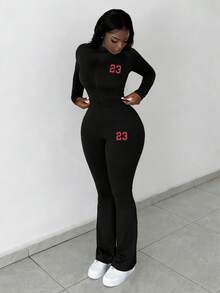 Slaydiva Women's 2pcs Casual Basic High-Stretch Slim Fit Long Sleeve Zipper Top And Pants Set/Black Set/Spring And Summer/Y2K/Going Outfit/NO.23 Graphic - Black - View 1