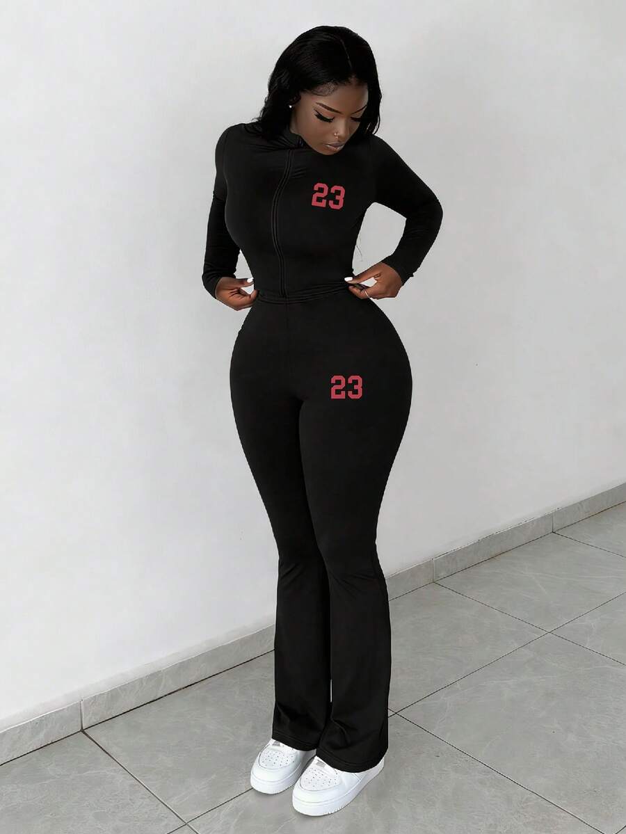 Slaydiva Women's 2pcs Casual Basic High-Stretch Slim Fit Long Sleeve Zipper Top And Pants Set/Black Set/Spring And Summer/Y2K/Going Outfit/NO.23 Graphic - Black - View 1