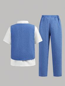 SHEIN 3pcs Tween Boy Structured Vest, Short Sleeve Shirt, And Pants Set - Blue - View 2