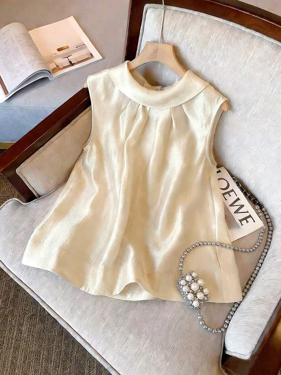 Franclia Women's Elegant Vest, French Minimalist Style, Pearlescent Fabric, Pleated Peter Pan Collar, Romantic And Gentle Design, Fashionable Vest, Versatile For Everyday Wear And Commuting, Sleeveless Top - Champagne - View 1