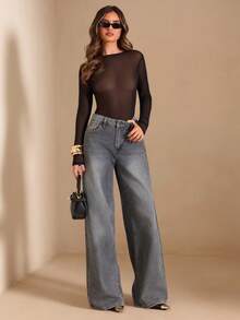 SHEIN BAE Women's Black Sheer Long Sleeve Round Neck Backless Bodysuit, Minimalist Basic Bodysuit - Black - View 3